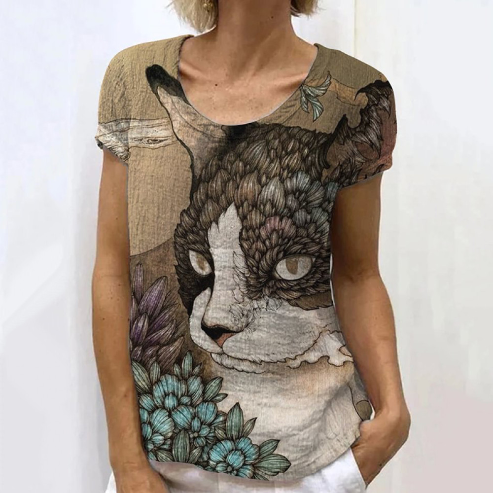 Japanese Retro Cat Plant Abstract Art Painting Linen Casual T-Shirt