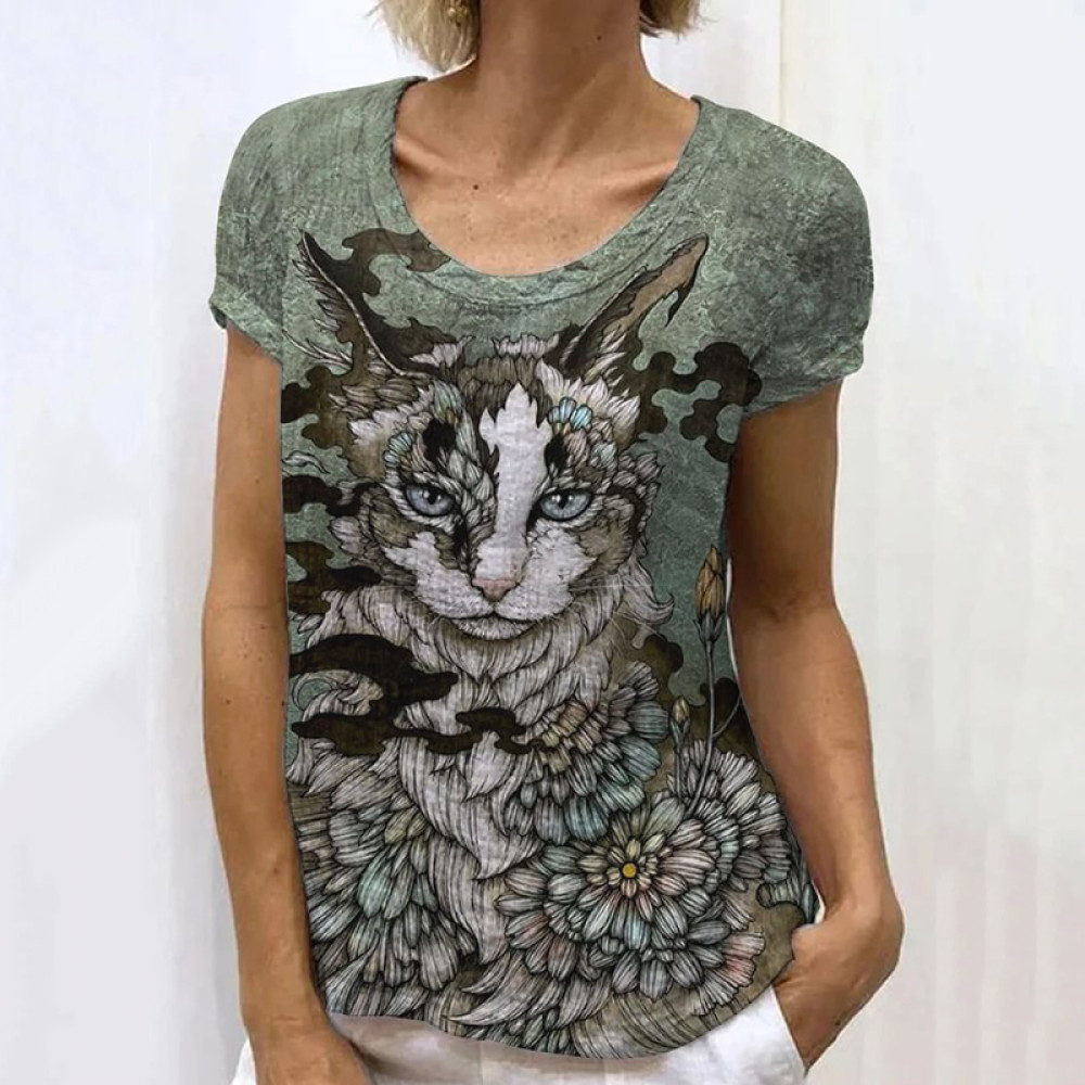 Japanese Retro Cat Plant Floral Art Painting Linen Casual T-Shirt