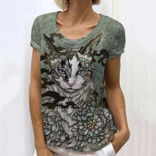 Japanese Retro Cat Plant Floral Art Painting Linen Casual T-Shirt
