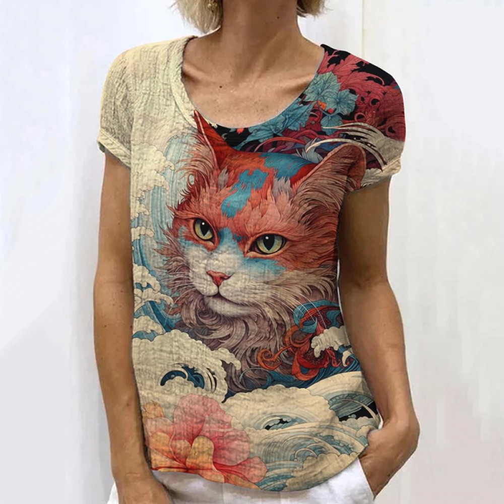 Japanese Retro Cat Sea Waves Flower Art Painting Linen Casual T-Shirt