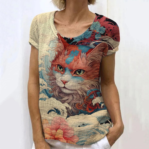 Japanese Retro Cat Sea Waves Flower Art Painting Linen Casual T-Shirt