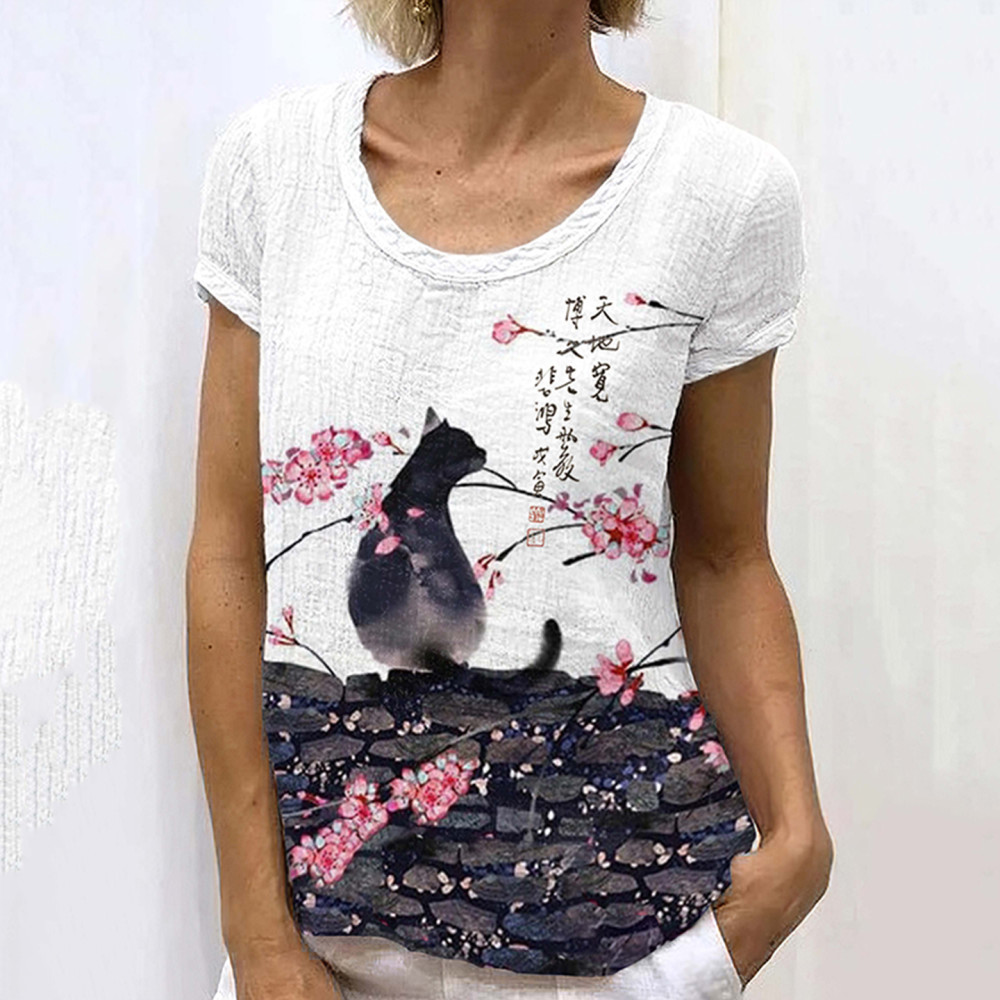 Japanese Retro Floral Cat Art Painting Linen Casual T-Shirt