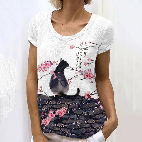 Japanese Retro Floral Cat Art Painting Linen Casual T-Shirt
