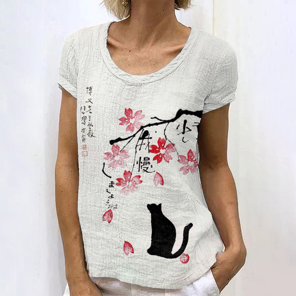 Japanese Retro Ink Floral Cat Art Painting Linen Casual T-Shirt