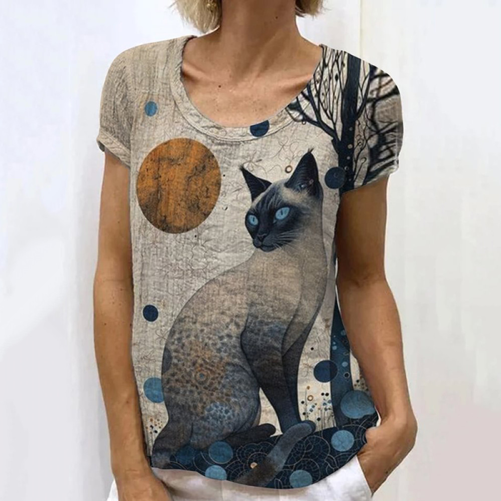 Japanese Retro Plant Moon Cat Art Painting Linen Casual T-Shirt