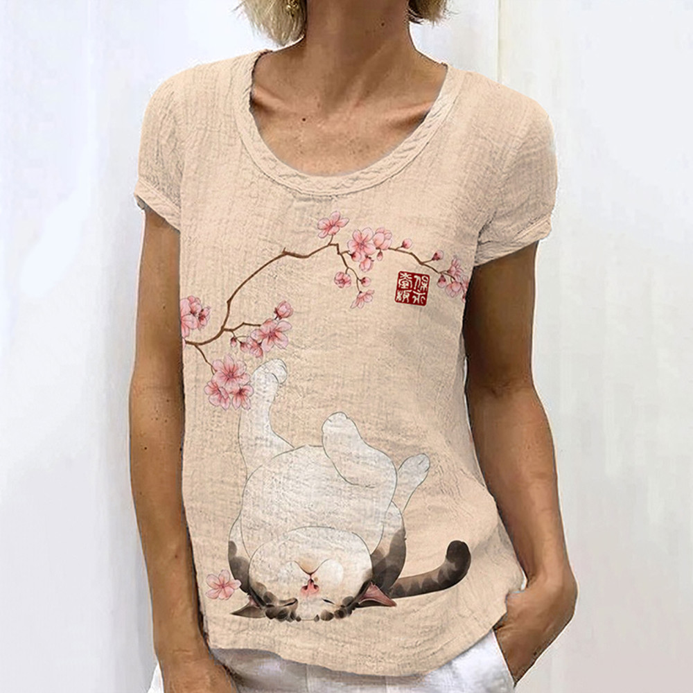 Japanese Retro Wallowing Kitten Blossom Art Casual T-Shirt