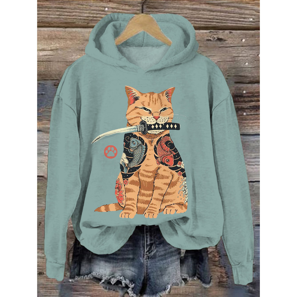 Japanese Samurai Cat Art Vintage Cozy Hoodie