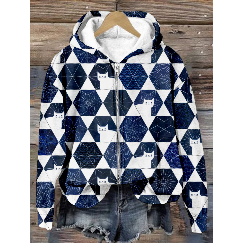 Japanese Traditional Sashiko Cats Art Comfy Zip Up Hoodie