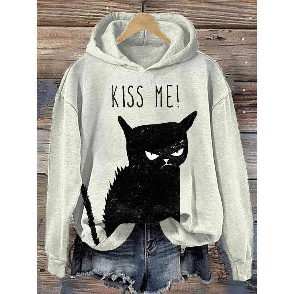 Kiss Me Cat Print Casual Hoodie