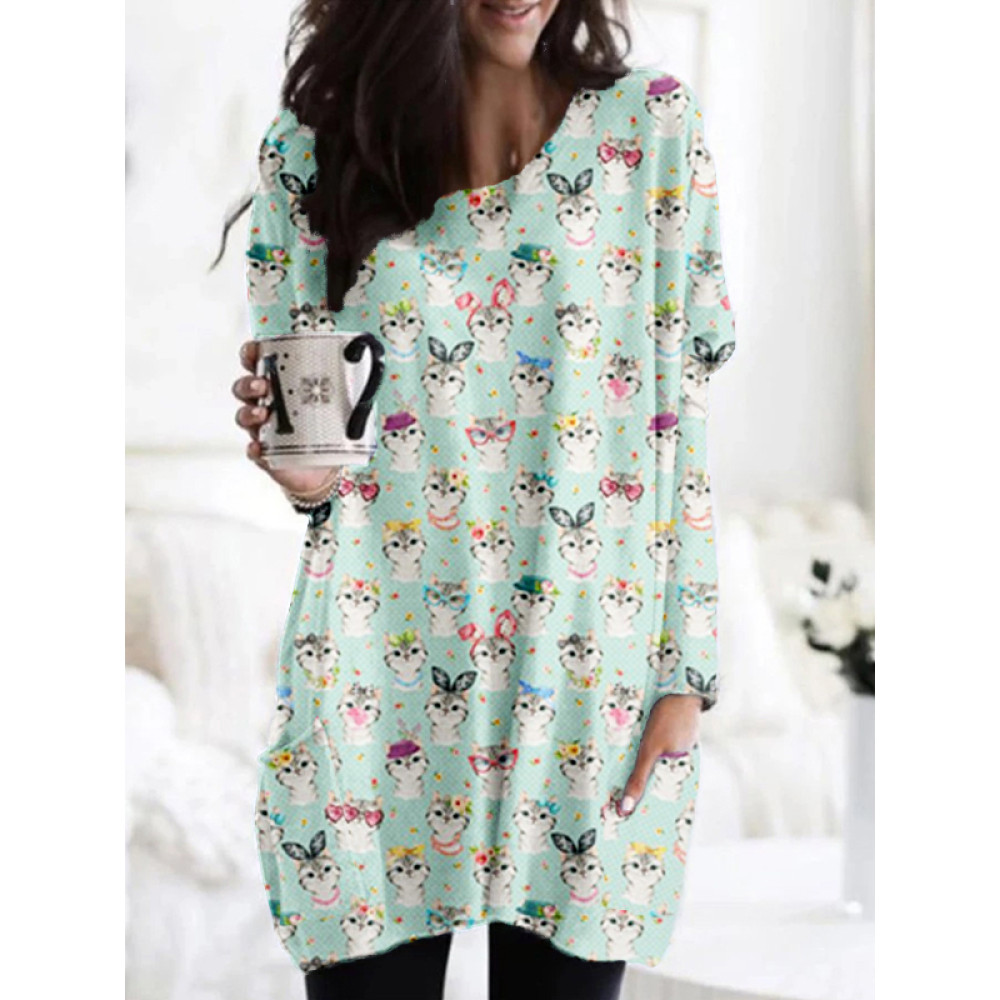 Kitty Chic Art Pattern Patch Pocket Comfy Tunic