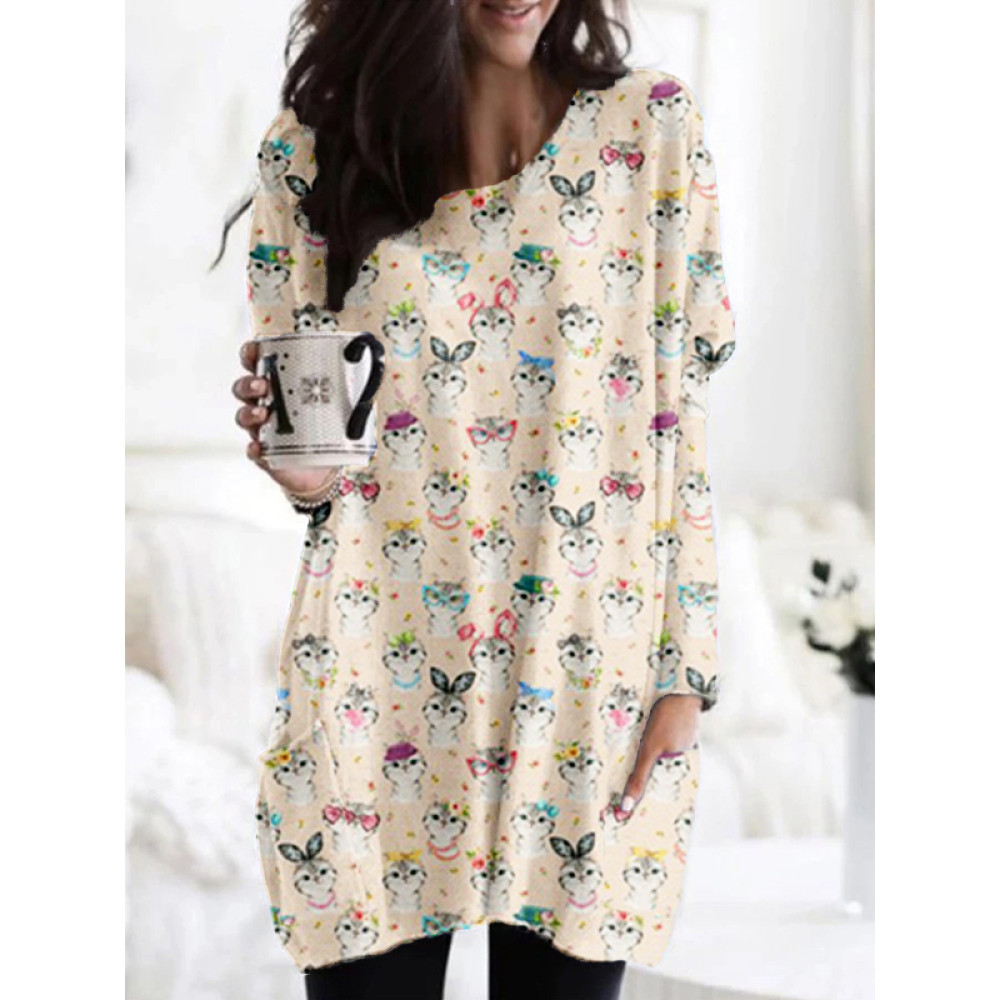 Kitty Chic Art Pattern Patch Pocket Comfy Tunic