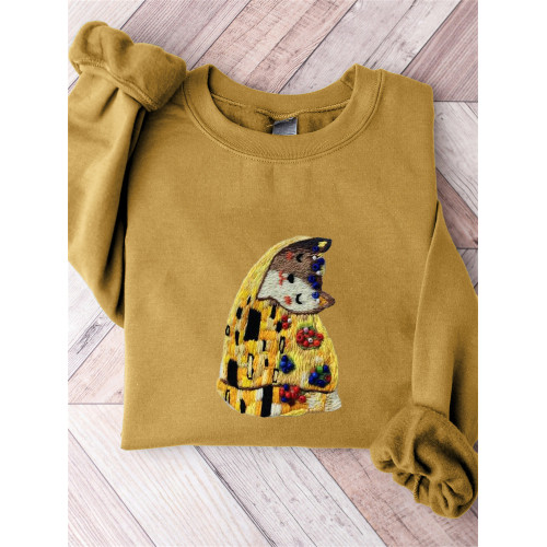 Klimt Inspired Cat Beaded Embroidery Art Comfy Sweatshirt