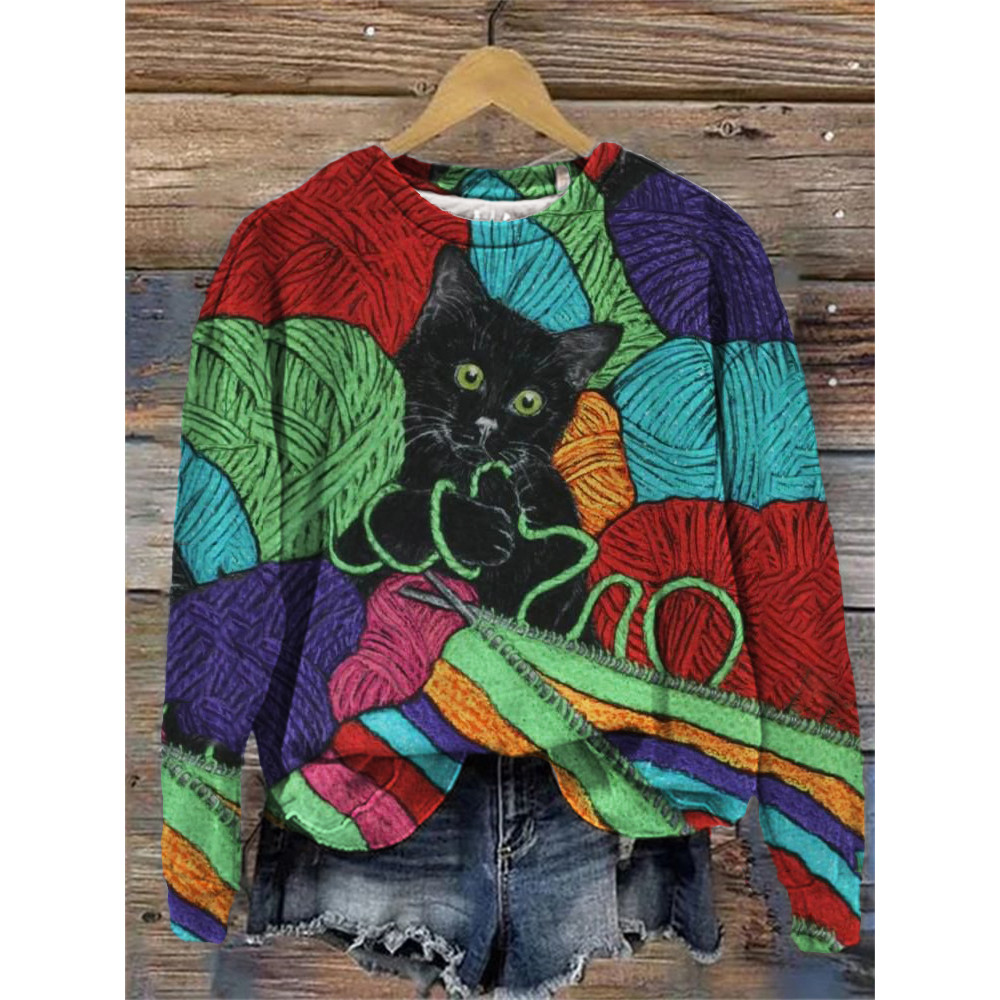 Knitting Cat Colorful Art Cozy Sweatshirt