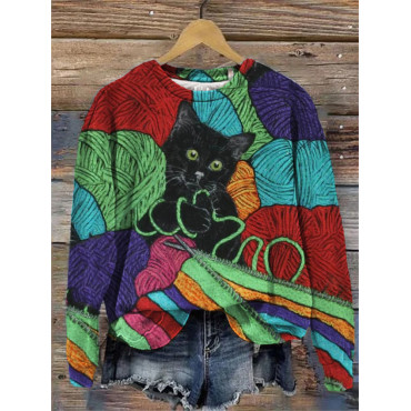 Knitting Cat Colorful Art Cozy Sweatshirt
