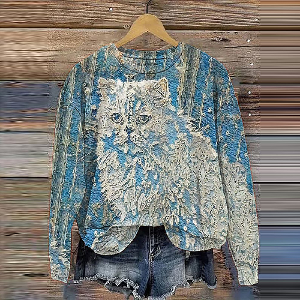 Lace Cat Print Crew Neck Casual Sweatshirt