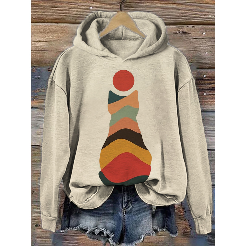 Landscape Inspired Colorblock Cat Art Cozy Hoodie