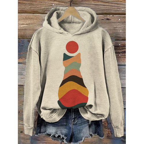 Landscape Inspired Colorblock Cat Art Cozy Hoodie