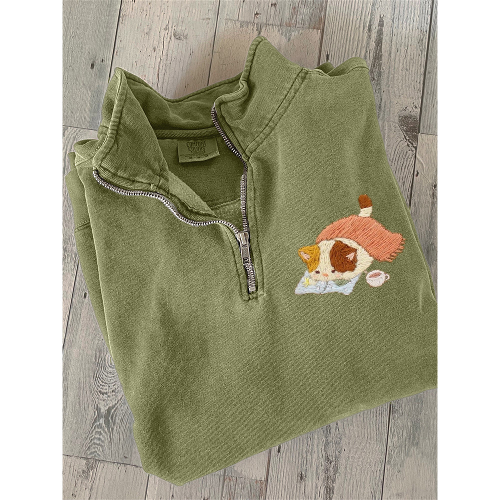 Leisure of Cat Embroidery Art Zip Up Sweatshirt
