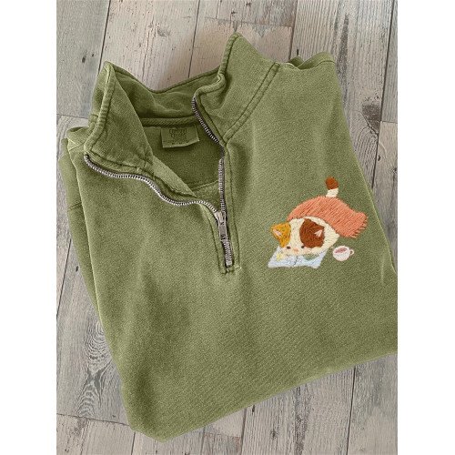 Leisure of Cat Embroidery Art Zip Up Sweatshirt