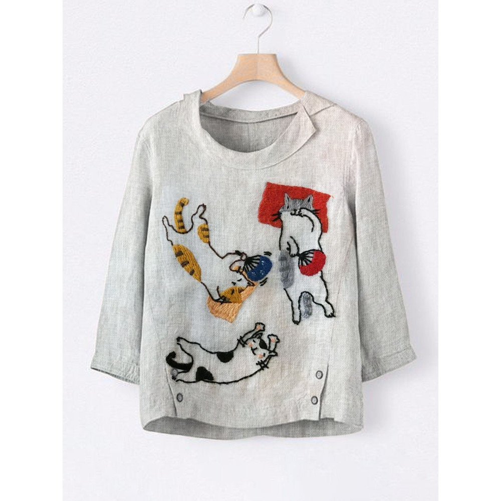 Leisurely Cats Embroidered Linen Lapel Shirt