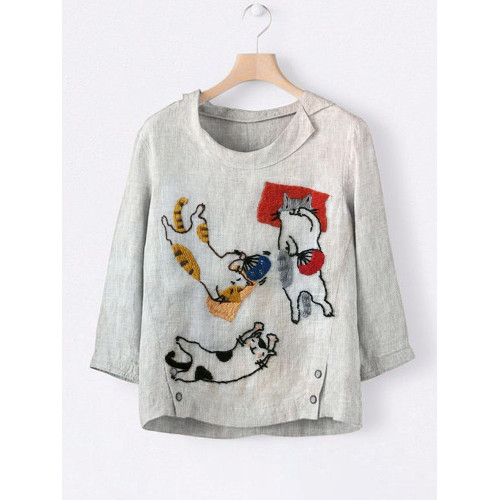 Leisurely Cats Embroidered Linen Lapel Shirt