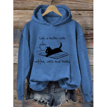 Life Is Better With Coffee Cats And Books Print Casual Hoodie