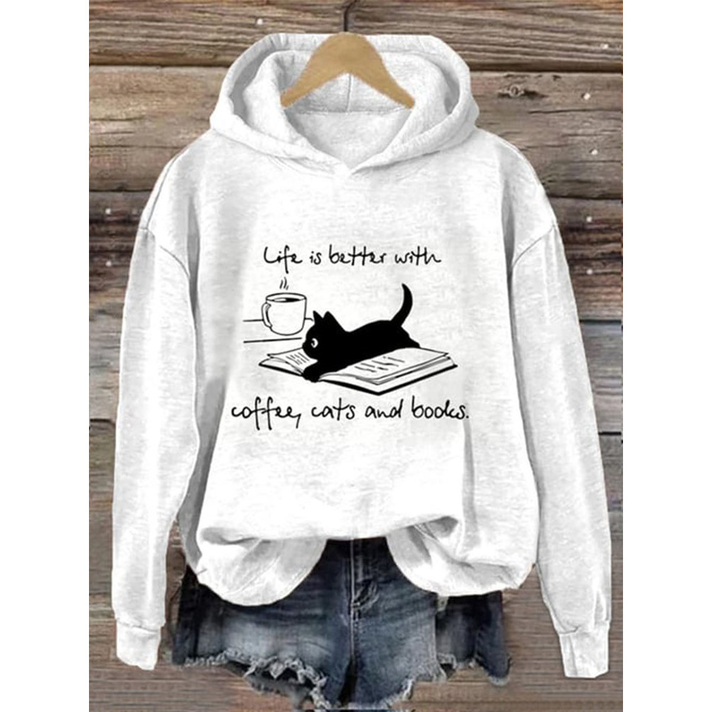 Life Is Better With Coffee Cats And Books Print Casual Hoodie