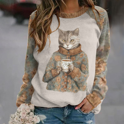 Literature And Art Cat Pattern Crew Neck Casual Sweatshirt