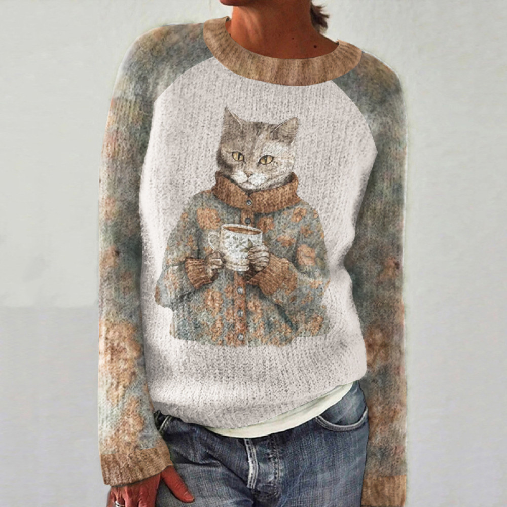 Literature And Art Cat Pattern Crew Neck Cozy Sweater