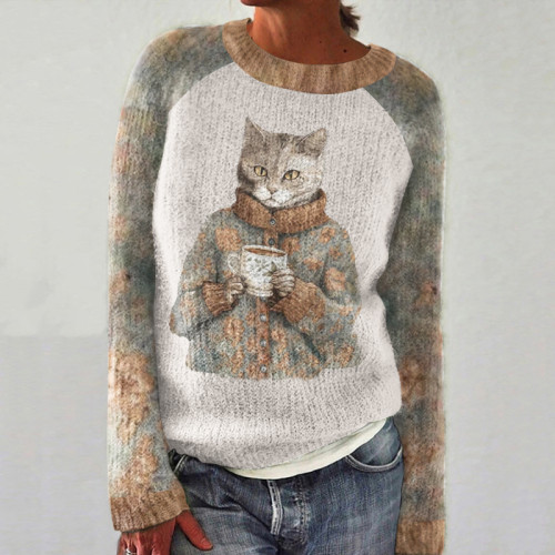 Literature And Art Cat Pattern Crew Neck Cozy Sweater