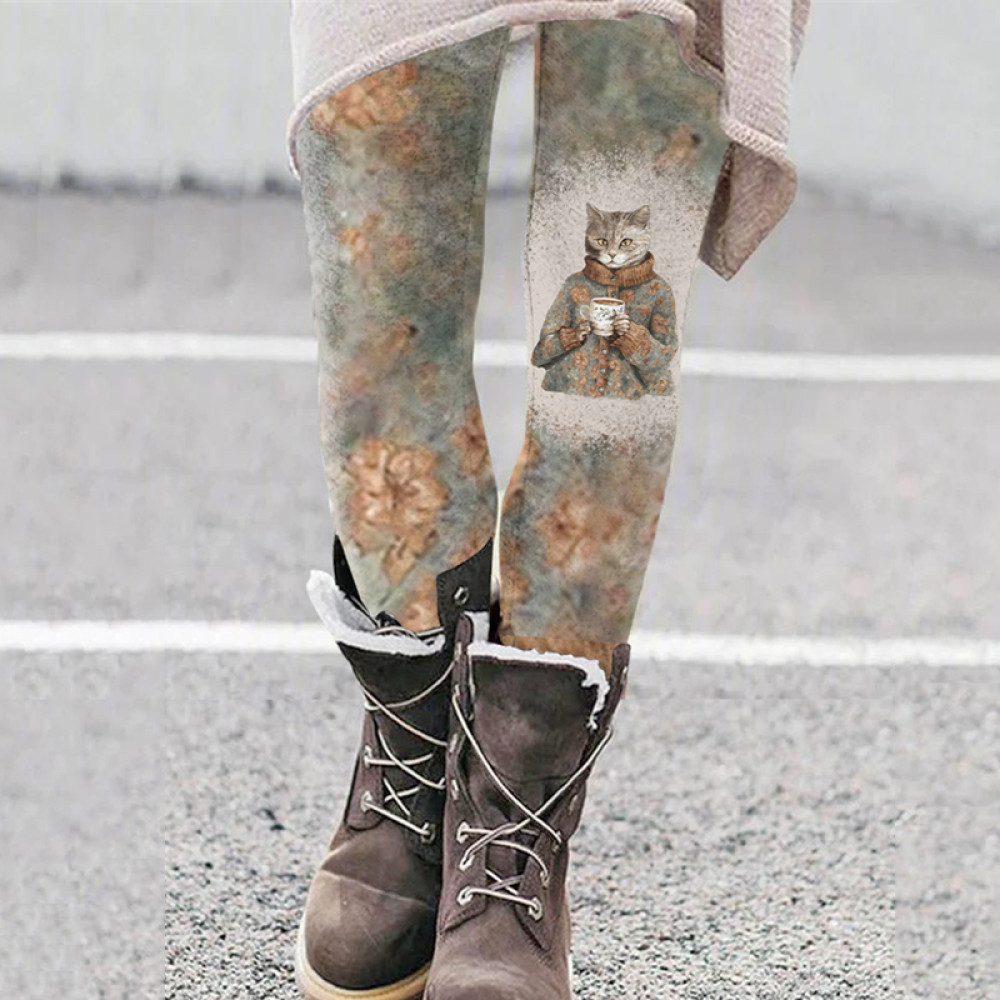 Literature And Art Cat Print Tight Elastic Leggings
