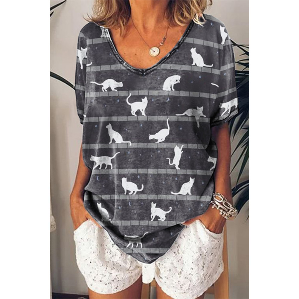 Loose Short Sleeve Cat Print T-Shirt