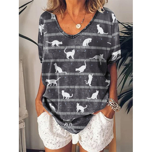 Loose Short Sleeve Cat Print T-Shirt