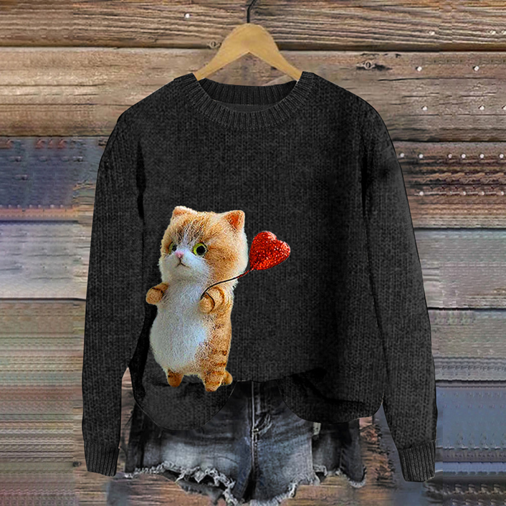 Love Balloon Cat Plush Felt Cozy Knit Sweater