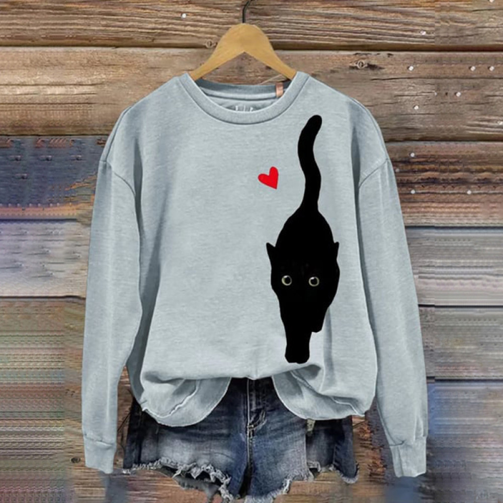 Love Cat Print Round Neck Long Sleeve Sweatshirt