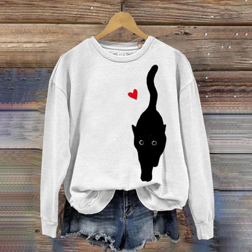 Love Cat Print Round Neck Long Sleeve Sweatshirt