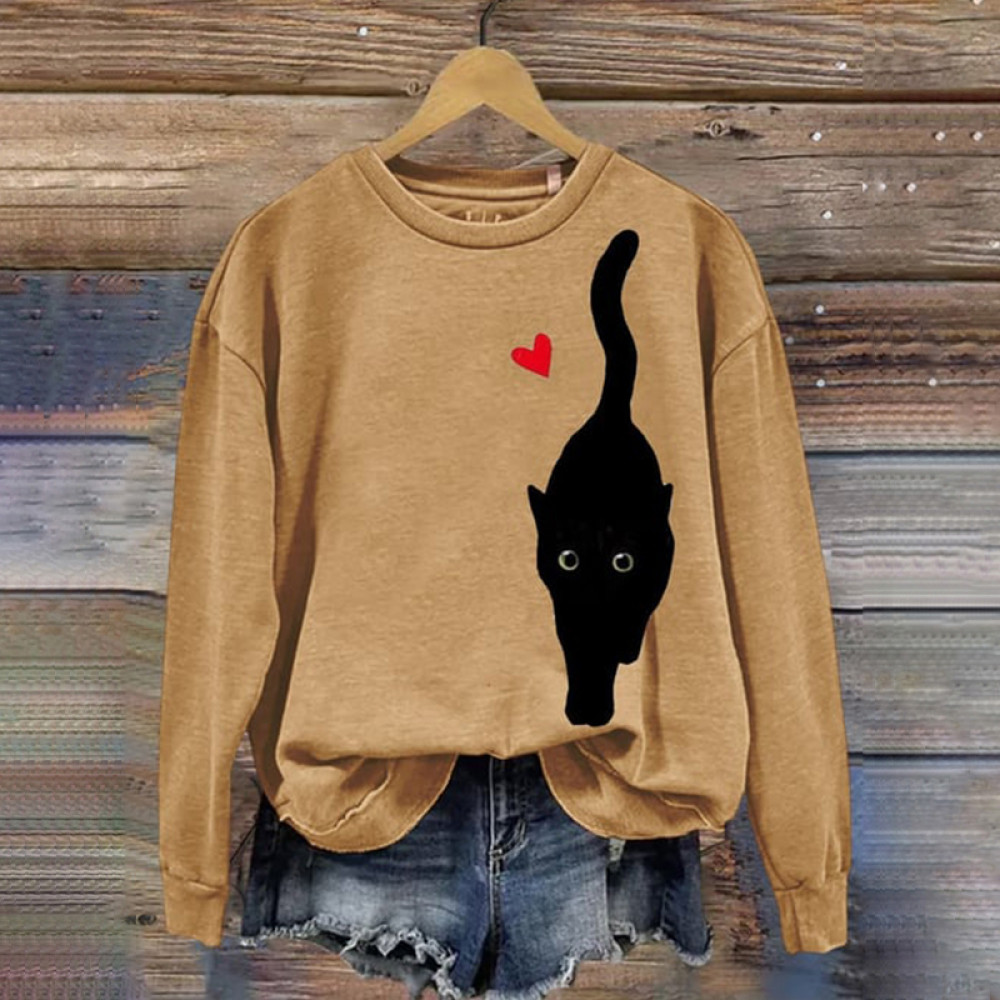 Love Cat Print Round Neck Long Sleeve Sweatshirt