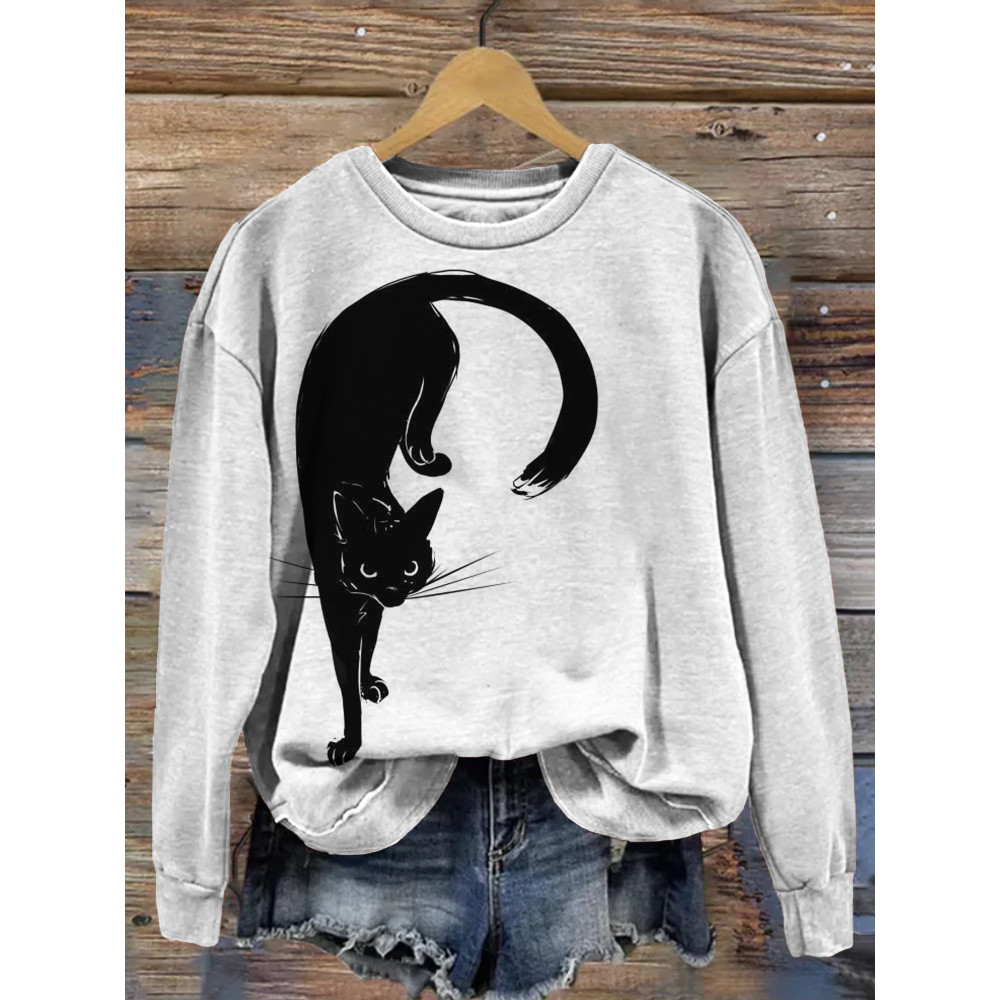 Lovely Black Cat Art Crew Neck Cozy Sweatshirt