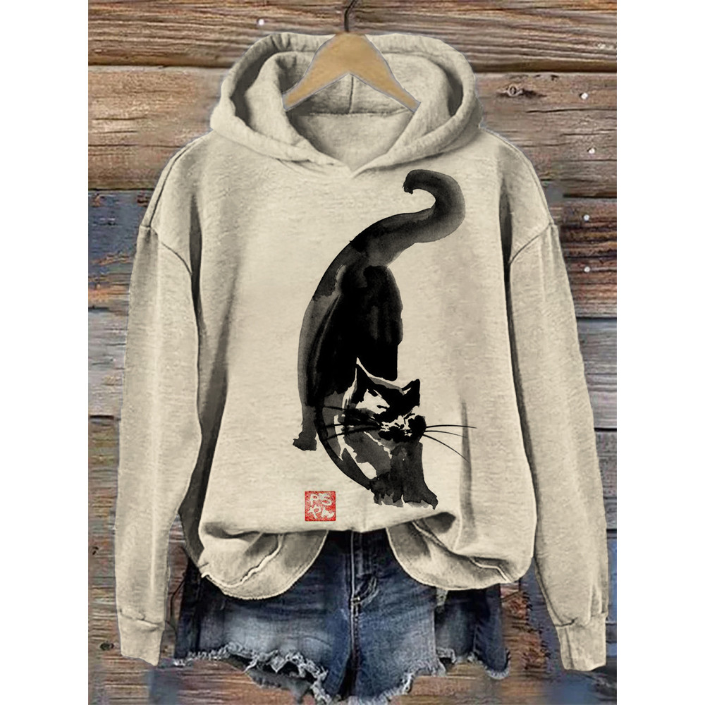 Lovely Black Cat Art Graphic Vintage Cozy Hoodie