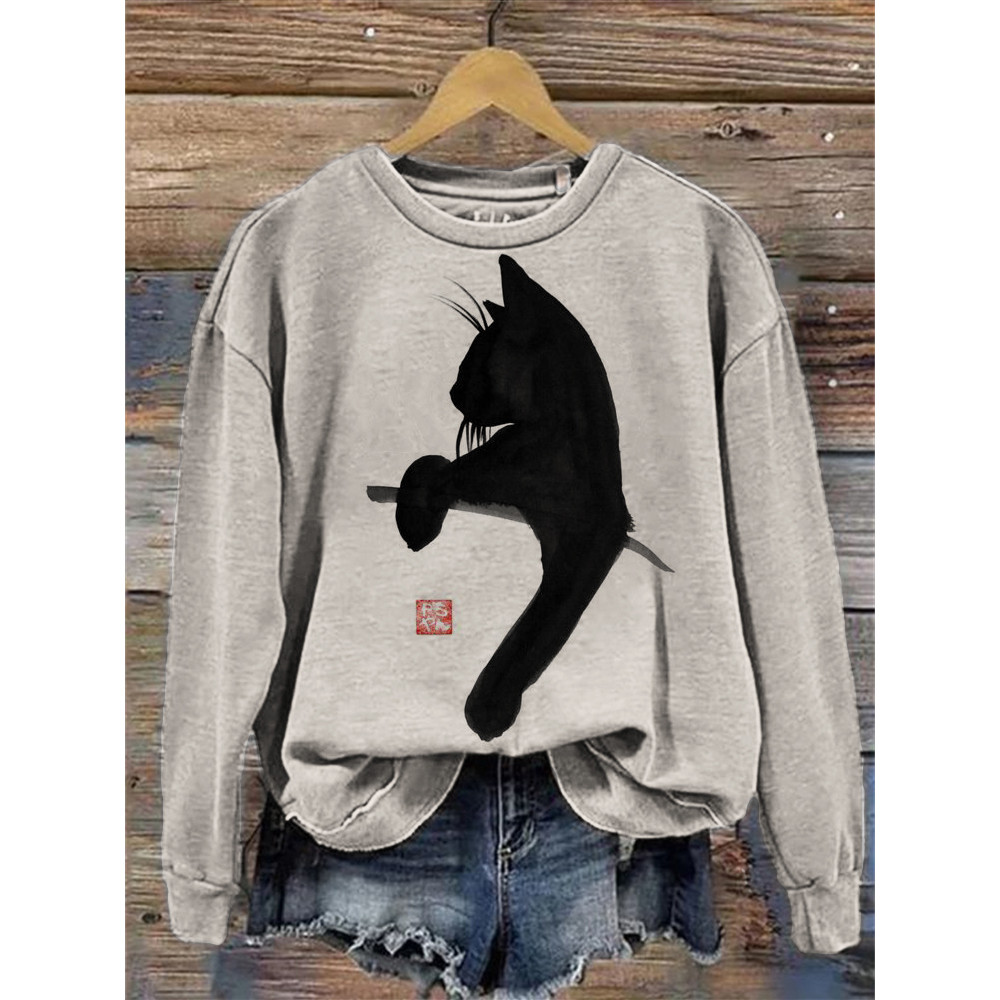 Lovely Black Cat Art Graphic Vintage Cozy Sweatshirt