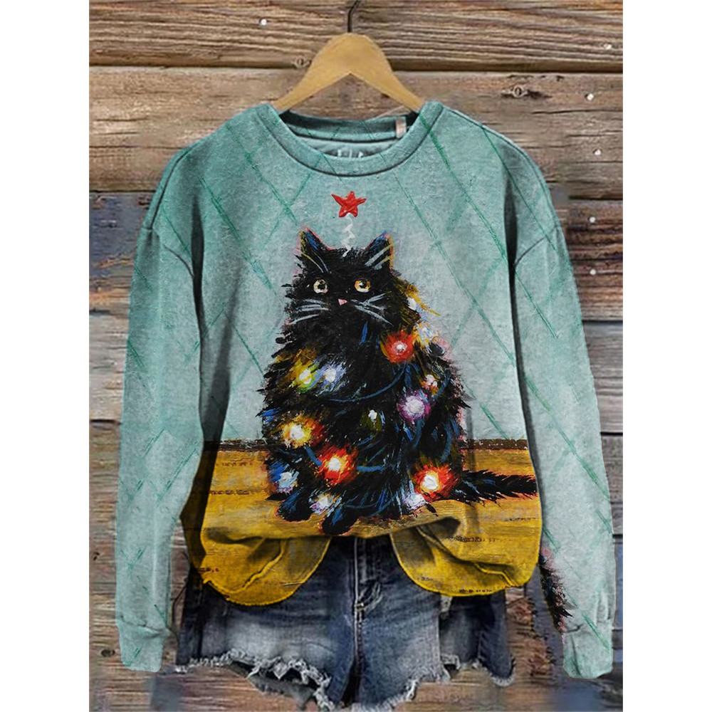 Lovely Black Cat Christmas Tree Painting Sweatshirt