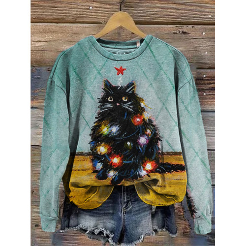 Lovely Black Cat Christmas Tree Painting Sweatshirt