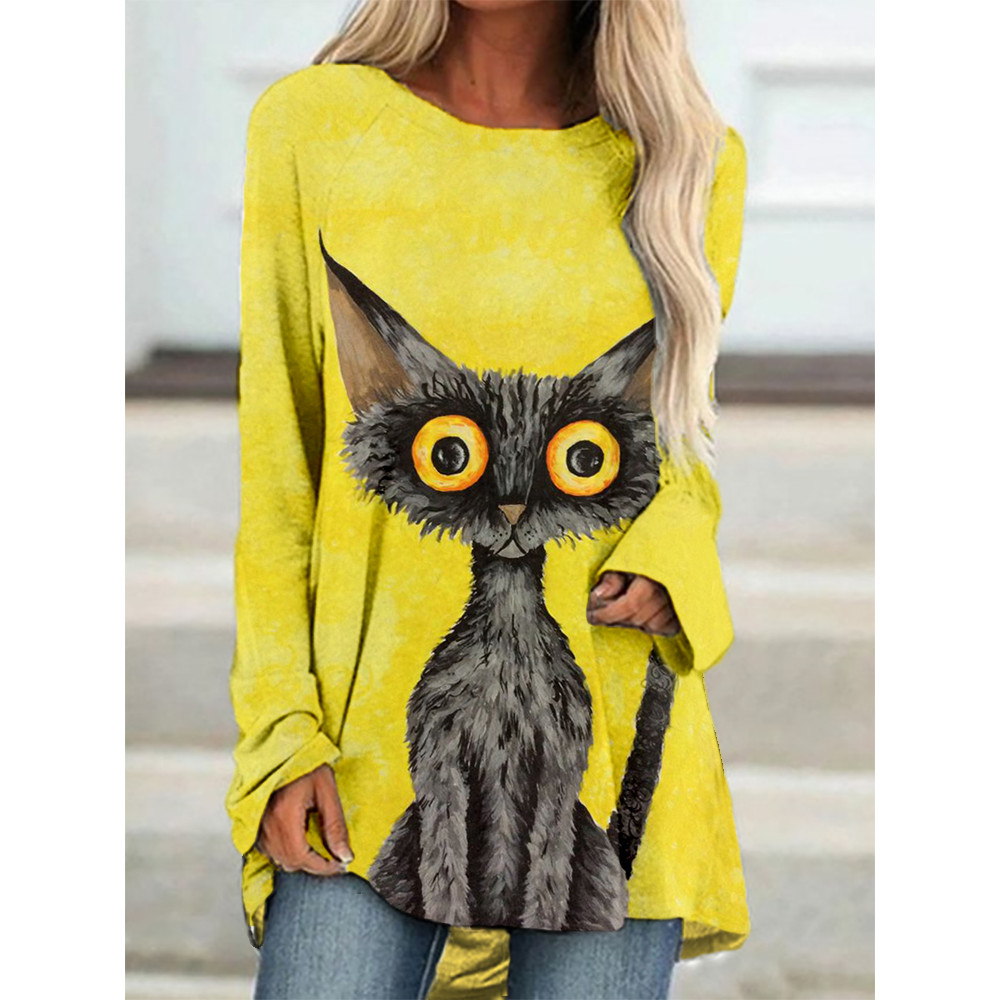 Lovely Black Cat Graphic Long Sleeve A Line T Shirt