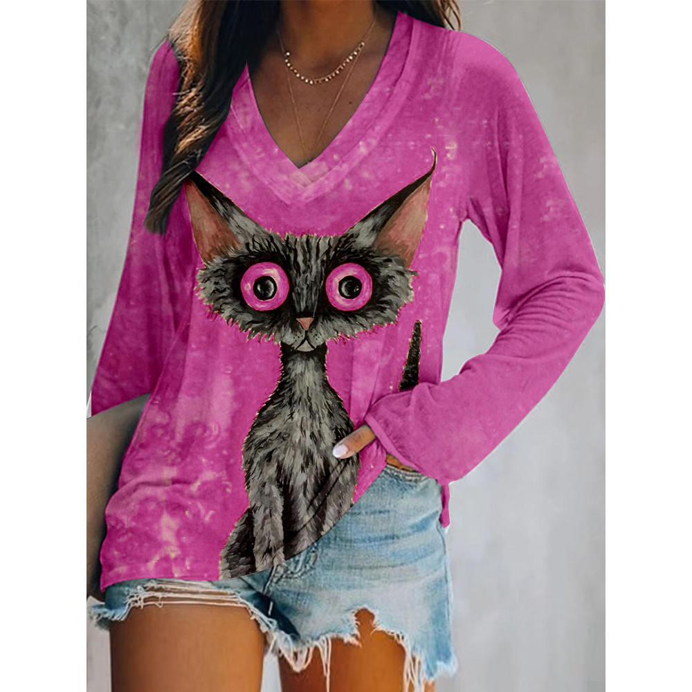 Lovely Black Cat Graphic V Neck Comfy T Shirt
