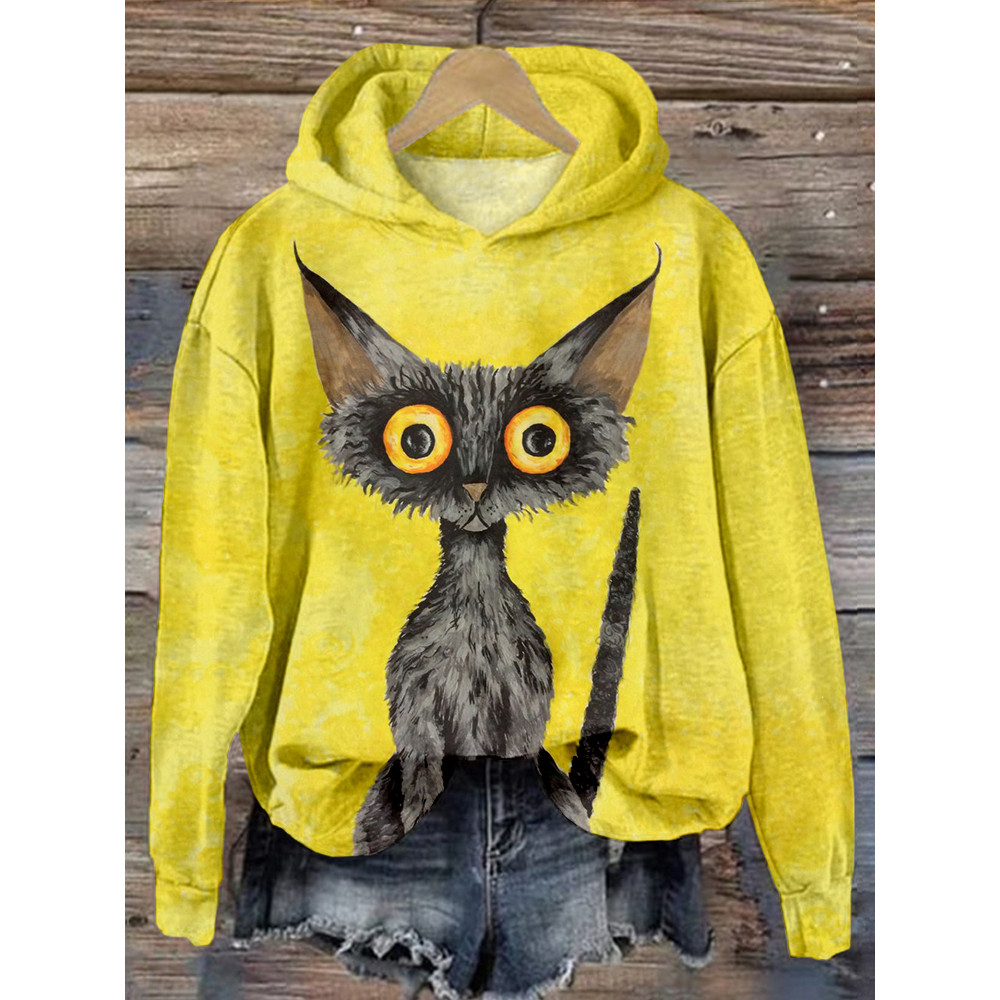 Lovely Black Cat Graphic Vintage Cozy Hoodie