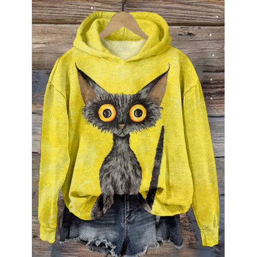 Lovely Black Cat Graphic Vintage Cozy Hoodie