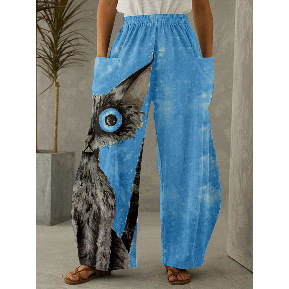Lovely Black Cat Graphic Wide Leg Casual Pants