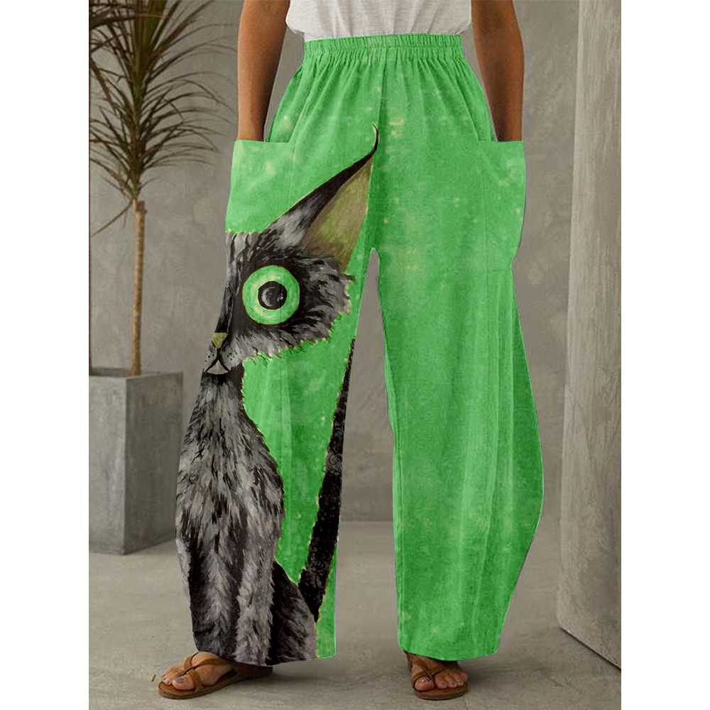 Lovely Black Cat Graphic Wide Leg Casual Pants