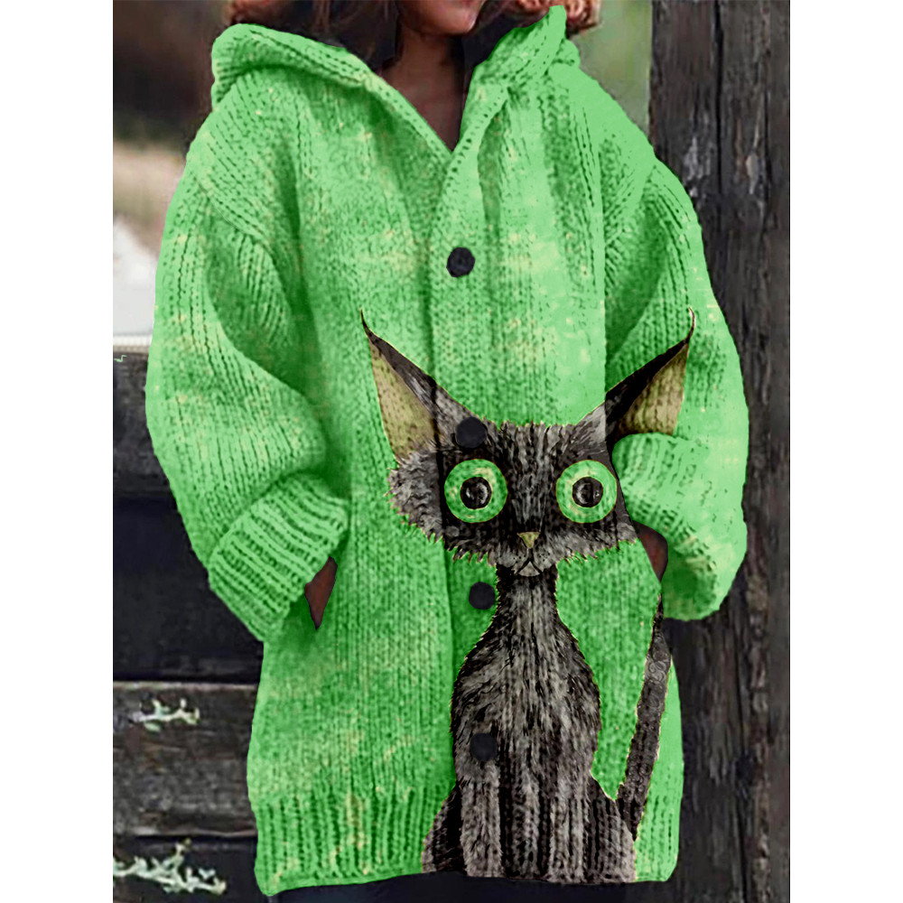 Lovely Black Cat Pattern Cozy Hooded Knit Cardigan