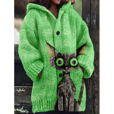 Lovely Black Cat Pattern Cozy Hooded Knit Cardigan